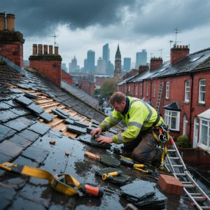 Professional roofer replacing slate tiles on Victorian terraced house roof in Manchester with storm clouds and city skyline in background